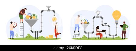 Ensemble de flux d'idées marketing. De minuscules personnes convertissent des ampoules, des engrenages et du temps en argent en utilisant l'entonnoir de vente et la machine à tuyaux, travaillent sur la création de solutions et l'optimisation de l'illustration vectorielle de dessin animé Illustration de Vecteur