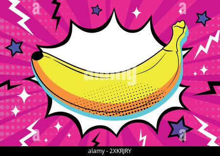 Fond comique avec banane dans le style pop art. Art dynamique décoré d'étoiles et de nuages. Fruits de banane brillants. Illustration vectorielle Illustration de Vecteur