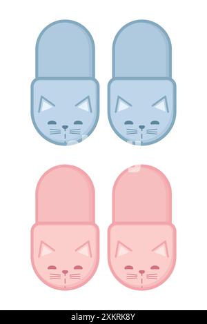 Pantoufles roses et bleues pour chats. Chaussons de maison avec visage de chat. Illustration vectorielle Illustration de Vecteur