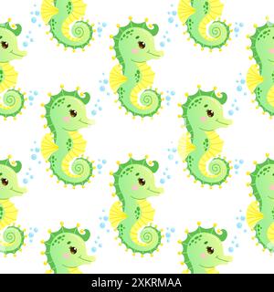 Motif sans couture vectoriel avec des hippocampes verts et jaunes adorables avec des bulles sur un fond blanc. Illustration de Vecteur