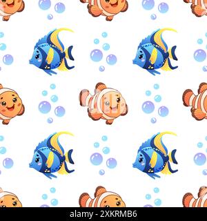 Motif sans couture vectoriel avec adorable poisson bleu et orange avec des bulles sur un fond blanc. Illustration de Vecteur