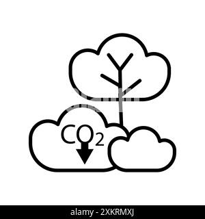 Arbre réduisant le CO2. Symbole de captage de carbone. Icône de vecteur environnemental. Contour noir simple. Illustration de Vecteur