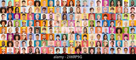 Panorama collage de portraits colorés de personnes de nombreuses générations comme concept de société Banque D'Images