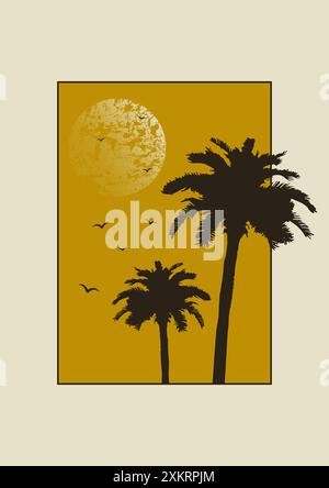 Coucher de soleil avec l'arbre de palmiers sur fond beige. Paysage de plage minimaliste de Miami. Illustration vectorielle esthétique 2D. Illustration de Vecteur