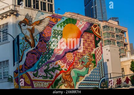 Murale colorée pendant la période du coucher du soleil qui illuminent le mur avec une lumière dorée. Singapour. Banque D'Images