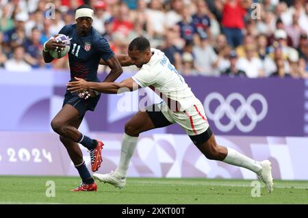 Julien Mattia/le Pictorium - Rugby 7s - Paris 2024 - France, États-Unis. 24 juillet 2024. France/Seine Saint Denis/Paris - Pool masculin C/Rugby à sept : France VS États-Unis d'Amérique aux Jeux olympiques d'été de Paris 2024, stade de France, Saint Denis, France, 24 juillet, 2024. crédit : LE PICTORIUM/Alamy Live News Banque D'Images