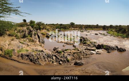 Rivière Mara pendant la saison sèche dans la réserve nationale du Masai Mara, Masai Mara, Kenya, Afrique Banque D'Images