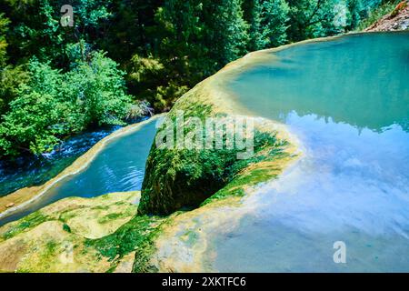 Sources thermales riches en minéraux dans une perspective aérienne de forêt luxuriante Banque D'Images