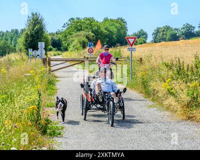 Couple avec chien à vélo le long de la voie verte - homme sur vélo couché - Bossay-sur-Claise, Indre-et-Loire (37), France. Banque D'Images