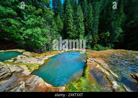 Sources thermales turquoise dans la forêt luxuriante vue aérienne Banque D'Images