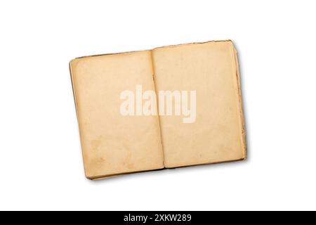 Vue de haut en bas d'un livre de cuisine ouvert avec des pages vides, parfait pour créer une maquette pour des recettes ou des menus. Isolé sur fond blanc Banque D'Images