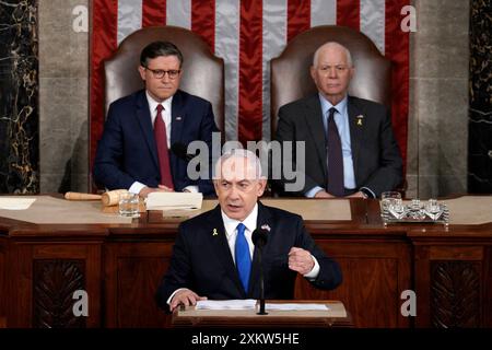 Washington, États-Unis. 24 juillet 2024. Le premier ministre israélien Benjamin Netanyahu s’adresse à une réunion conjointe du Congrès sur la colline du Capitole à Washington le 24 juillet 2024. Photo de Yuri Gripas/ABACAPRESS. COM Credit : Abaca Press/Alamy Live News Banque D'Images