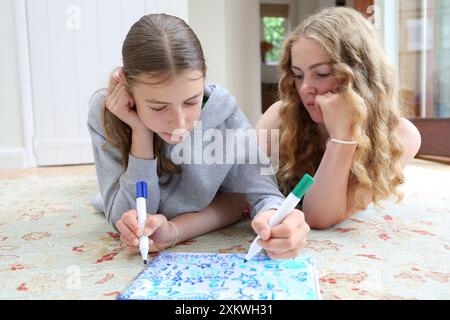 Deux filles faisant maths mathématiques allongées sur le sol écrivant sur un tableau blanc avec des stylos algèbre fractions mathématiques soeurs mathématiques éducation filles en STIM Banque D'Images