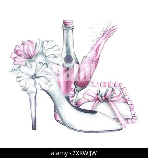 La composition de mariage est faite dans des tons blancs et roses délicats. Chaussures à talons hauts pour femmes, alliances sur un coussin. Une bouteille et un verre de rose Banque D'Images