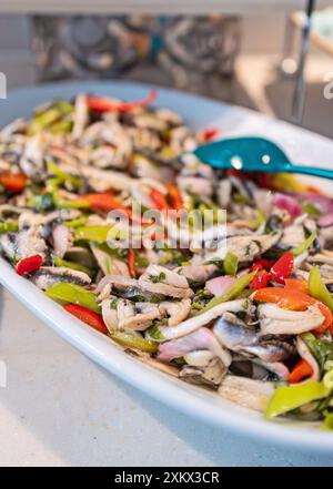 Anchois en saumure avec paprika rouge et vert. Banque D'Images