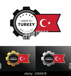 Fabriqué en Turquie avec un design d'équipement et de drapeau. Pour bannière, timbre, autocollant, icône, logo, symbole, étiquette, badge, sceau, signe. Illustration vectorielle Illustration de Vecteur