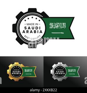 Fabriqué en Arabie Saoudite avec équipement et design de drapeau. Pour bannière, timbre, autocollant, icône, logo, symbole, étiquette, badge, sceau, signe. Illustration vectorielle Illustration de Vecteur