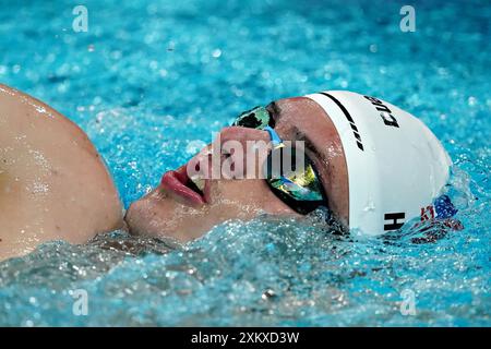 Paris, France. 24 juillet 2024. Thomas Heilman, de Team USA, nage des tours lors des entraînements de natation à la Defense Arena à Paris, France, le mercredi 24 juillet 2024. La cérémonie d'ouverture a lieu le 26 juillet, 100 ans après la dernière fois que Paris a accueilli les jeux. Photo de Richard Ellis/UPI crédit : UPI/Alamy Live News Banque D'Images