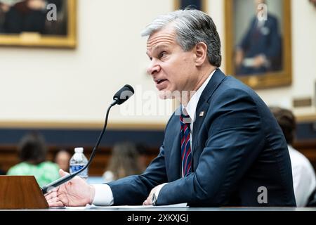 Washington, États-Unis. 24 juillet 2024. Christopher Wray, directeur du Federal Bureau of investigation, s'exprimant lors d'une audience du comité judiciaire de la Chambre au Capitole des États-Unis. (Photo de Michael Brochstein/Sipa USA) crédit : Sipa USA/Alamy Live News Banque D'Images