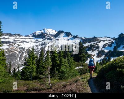 WA25548-00...WASHINGTON - randonneur sur le Pacific Crest Trail venant du côté nord-ouest du Glacier Peak . Banque D'Images