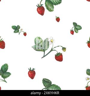 Aquarelle sans couture motif de fraises avec des feuilles. Dessiné à la main, isolé sur fond blanc Banque D'Images
