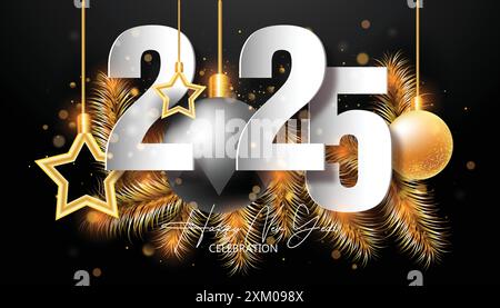 Bonne année 2025. Décoration réaliste festive numéro élégant pour célébrer 2025 fête, calendrier et affiche Illustration de Vecteur