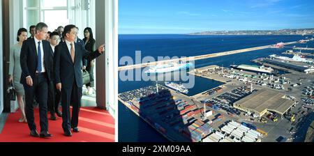 Marseille, France. 24 juillet 2024. Cette photo combinée montre le vice-président chinois Han Zheng en visite au siège du groupe CMA CGM à Marseille, France, le 24 juillet 2024. Han a rencontré mercredi le Président-Directeur général du Groupe CMA CGM, Rodolphe Saade. Crédit : Pang Xinglei/Xinhua/Alamy Live News Banque D'Images