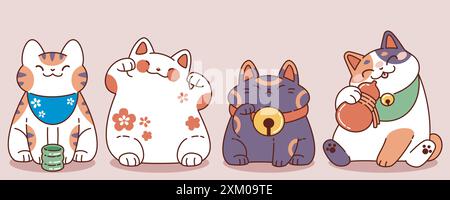 Chats heureux asiatiques mis isolé sur fond. Illustration de dessin animé vectoriel contemporain de maneki-neko mignon attirant mascotte Kitty souriant, pièce d'or sur le collier, symbole de richesse japonais traditionnel Illustration de Vecteur