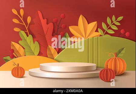 fond de vente d'automne 3d avec podium de produit. Bannière d'automne pour la réduction et la promotion de la saison de Thanksgiving. Mur rouge dans le studio avec des feuilles orange, citrouille et baie. Illustration de la vitrine PaperCut WAVE Illustration de Vecteur