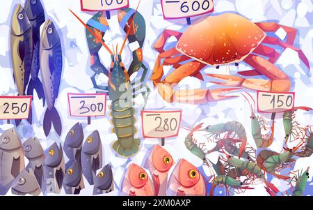 Fruits de mer crus frais sur glace avec étiquettes de prix. Illustration vectorielle de dessin animé de la vue de dessus sur différents poissons et homards, crabes et crevettes prêts pour la cuisson. Nourriture océanique réfrigérée sur le marché vitrine. Illustration de Vecteur