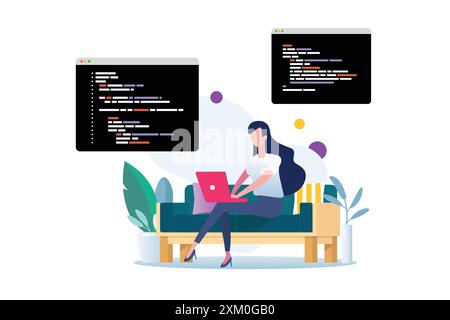Freelance écrivant du code sur ordinateur portable. développeur de logiciels travaillant à la maison. Illustration vectorielle Illustration de Vecteur