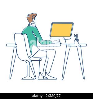 Homme d'affaires assis travaillant dans l'espace de travail en utilisant Laptop rempli Continuous Line Art Vector Illustration de Vecteur