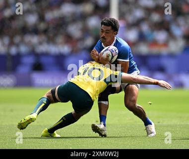 Paris, France. 24 juillet 2024. Action lors du match de rugby à sept hommes opposant l'Australie et les Samoa aux Jeux Olympiques de Paris 2024 au stade de France à Paris. (Andre Ricardo/SPP) crédit : photo de presse SPP Sport. /Alamy Live News Banque D'Images