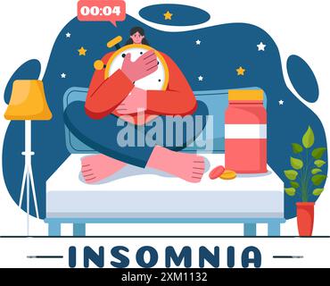 Insomnie illustration vectorielle mettant en vedette des jeunes incapables de dormir, allongés éveillés et pensant avec les yeux ouverts la nuit dans une chambre dans Flat Cartoon Illustration de Vecteur