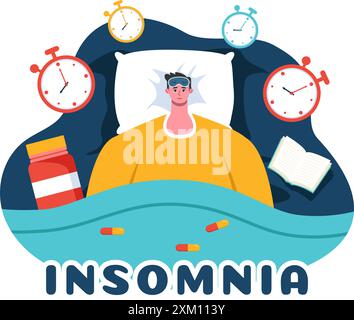 Insomnie illustration vectorielle mettant en vedette des jeunes incapables de dormir, allongés éveillés et pensant avec les yeux ouverts la nuit dans une chambre dans Flat Cartoon Illustration de Vecteur