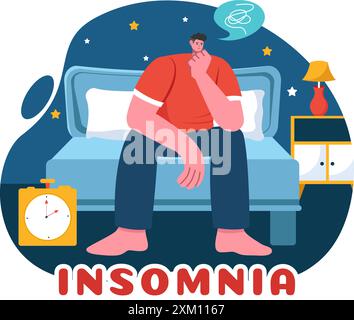 Insomnie illustration vectorielle mettant en vedette des jeunes incapables de dormir, allongés éveillés et pensant avec les yeux ouverts la nuit dans une chambre dans Flat Cartoon Illustration de Vecteur