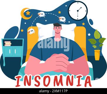 Insomnie illustration vectorielle mettant en vedette des jeunes incapables de dormir, allongés éveillés et pensant avec les yeux ouverts la nuit dans une chambre dans Flat Cartoon Illustration de Vecteur