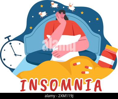 Insomnie illustration vectorielle mettant en vedette des jeunes incapables de dormir, allongés éveillés et pensant avec les yeux ouverts la nuit dans une chambre dans Flat Cartoon Illustration de Vecteur