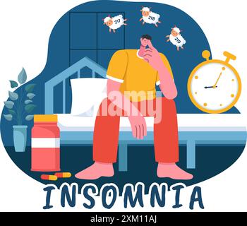 Insomnie illustration vectorielle mettant en vedette des jeunes incapables de dormir, allongés éveillés et pensant avec les yeux ouverts la nuit dans une chambre dans Flat Cartoon Illustration de Vecteur