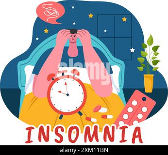 Insomnie illustration vectorielle mettant en vedette des jeunes incapables de dormir, allongés éveillés et pensant avec les yeux ouverts la nuit dans une chambre dans Flat Cartoon Illustration de Vecteur