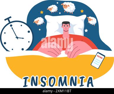 Insomnie illustration vectorielle mettant en vedette des jeunes incapables de dormir, allongés éveillés et pensant avec les yeux ouverts la nuit dans une chambre dans Flat Cartoon Illustration de Vecteur