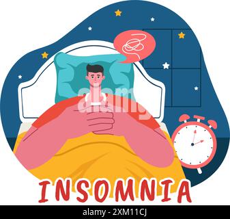 Insomnie illustration vectorielle mettant en vedette des jeunes incapables de dormir, allongés éveillés et pensant avec les yeux ouverts la nuit dans une chambre dans Flat Cartoon Illustration de Vecteur