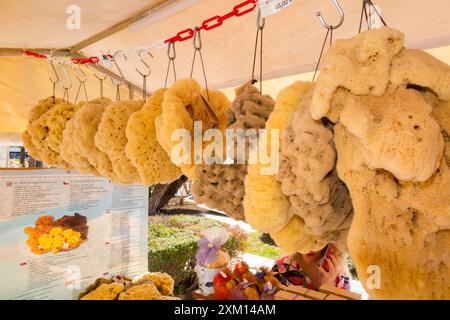 Étal de marché d'éponges de mer / étals vendant des éponges de mer locales aux touristes sur l'affichage sur la promenade suivant Splitska Riva Split, Croatie. Été. (138) Banque D'Images
