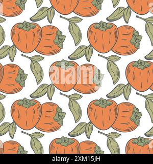 Modèle sans couture de fruits oranges mûrs avec des feuilles vertes, illustration dessinée à la main. Impression de délicieux fruits de kaki juteux sur fond blanc, vecteur Illustration de Vecteur