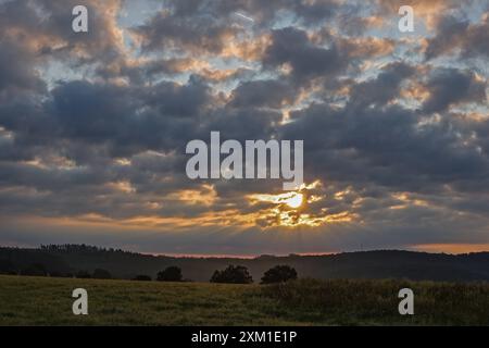 Die sonne scheint am fruehen frühen Morgen durch eine dichte Wolkendecke BEI Siegen-Oberschelden. IM Vordergrund ist eine Wiese und Baeume Bäume. Sommer im Siegerland AM 25.07.2024 à Siegen/Deutschland. *** Le soleil brille tôt le matin à travers une couverture nuageuse dense près de Siegen Oberschelden au premier plan est une prairie et arbres d'été à Siegerland le 25 07 2024 à Siegen Allemagne Banque D'Images