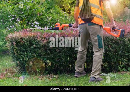 Utilisation d'outils électriques pour couper les buissons en été. L'homme en uniforme coupe les buissons dans un parc de la ville en été. Ensoleillé. Banque D'Images