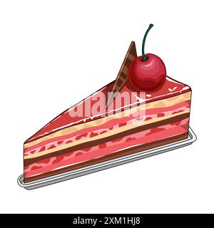 Un morceau de gâteau de mousse de cerise garni de cerises mignonnes et de morceaux de chocolat Illustration de Vecteur