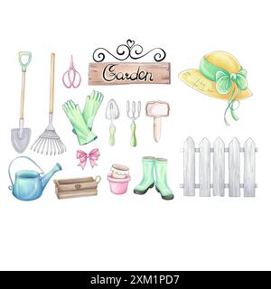 Outils de jardin d'aquarelle clipart, ensemble d'inventaire pour jardinier. Croquis romantique de printemps pour la conception Banque D'Images