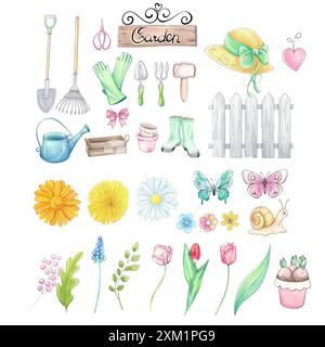 Clipart de printemps aquarelle. Outils de jardin avec primroses - tulipes, pissenlit dans un style romantique. Art printanier pour les dessins imprimés et de tissu Banque D'Images