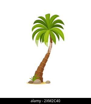 Caricature jungle cococotier palmier ou plante tropicale de la plage d'été, icône vectorielle. Palmier de noix de coco, banane ou plante de fruits de datte avec des feuilles vertes Illustration de Vecteur